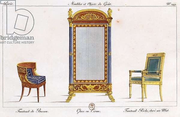 Armchair, desk chair and mirror screen, plate 244, illustration from Collection de meubles et objects de gout, 1819, by Pierre-Antoine Leboux de La Mesangere