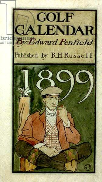 Постер Пенфилд Эдвард Golfer seated by clubs, drawing in watercolours. by Edward Penfield 1866-1925, American artist.