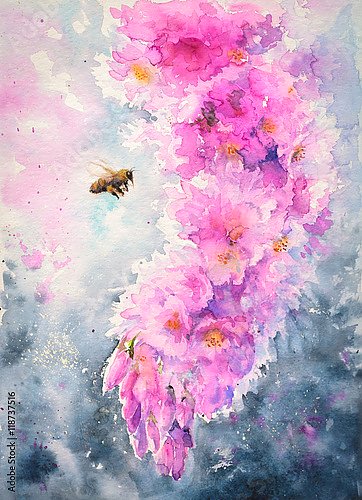 Пчела летает на розовой вишней
