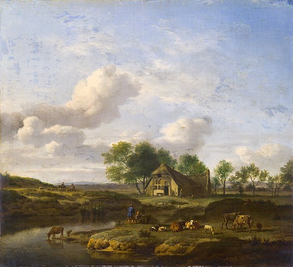 Пейзаж с фермой на берегу ручья