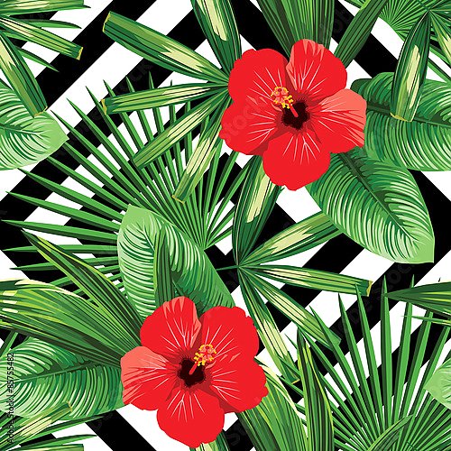 Тропические цветы и листья на геометрическом фоне