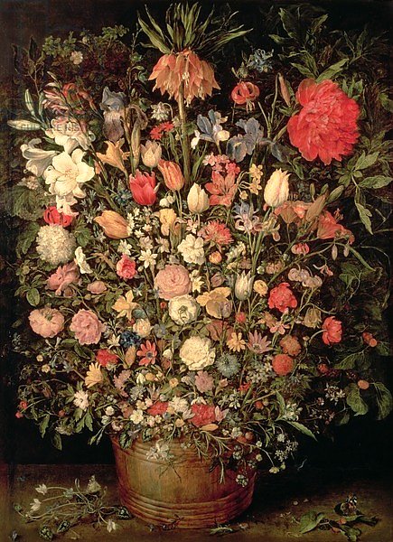 Large bouquet of flowers in a wooden tub, 1606-07,
