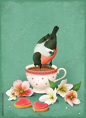 Чашка чая, печенье и птица