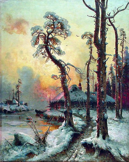 Зимний пейзаж с рекой и домами. 1914