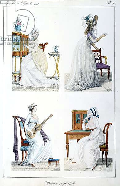 Portraits of women of the period Executive Board engaged in various artistic and social activities. Plate taken from the collection “” Collection de meubles et objets de taste”” by Pierre de la Mesangere. 1802. Paris. Decorative Arts