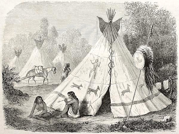 Tepee in Comanche native American camp. Created by Duveaux. Published on Le Tour du Monde, Paris, 18