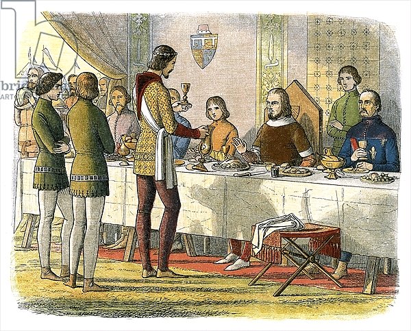 Prince Edward serves king John of Artois at table after having defeated him at Poitiers