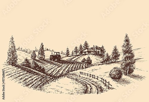 Ферма с тракторм на поле