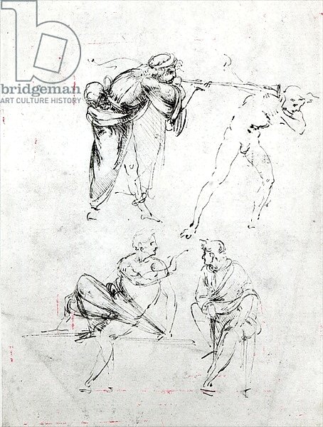 Study of a man blowing a trumpet in another's ear, and two figures in conversation, c.1480-82