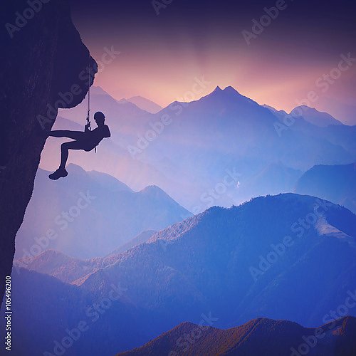 Альпинист на скале в туманных горах