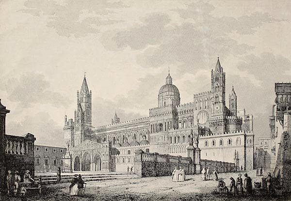 Palermo Cathedral, Italy. The original engraving, created by B. Rosaspina, dated to the first half o