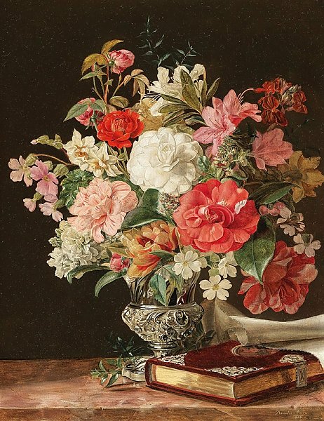 A Bouquet of Flowers with Camellias in a Silver Vase