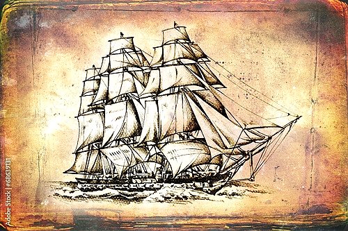 Античный корабль в море, рисунок ручной работы