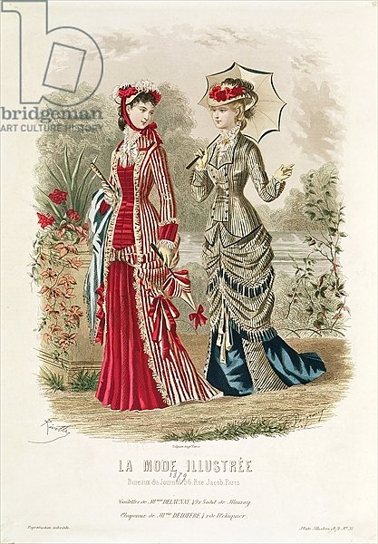 Fashion plate showing hats and dresses, illustration from 'La Mode Ilustree', 1879