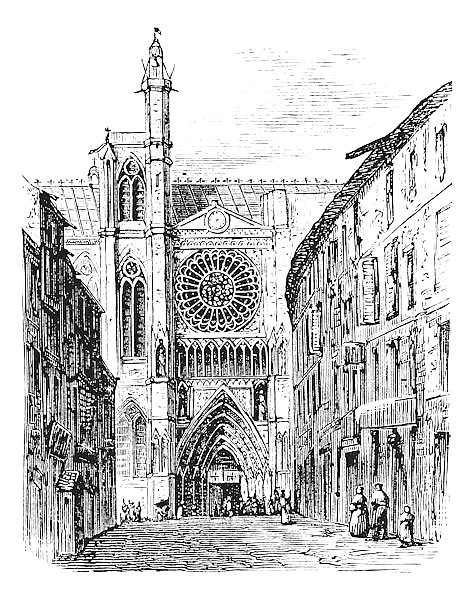 Clermont-Ferrand Cathedral, in Auvergne, France, vintage engraving