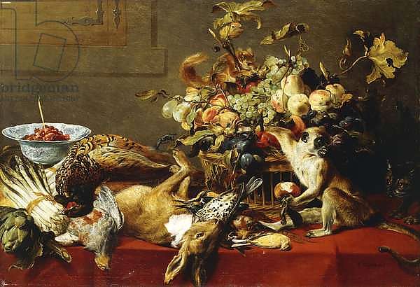 A Basket of Fruit on a Draped Table with Dead Game and a Monkey,