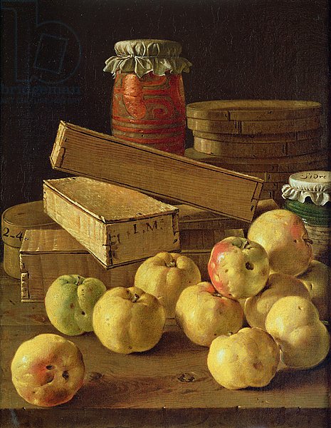 Still life with apples, pots of jam and boxes of cake