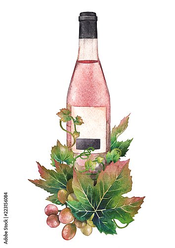 Акварельная бутылка розового вина, украшенная виноградными листьями и ягодами