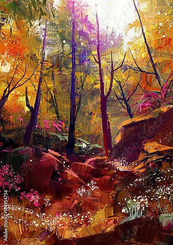 Постер Красивый осенний лес в лучах солнца