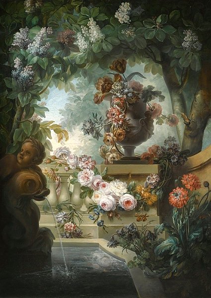 A Garden Scene With An Urn Of Flowers, A Flower Garland And A Fountain Beneath A Canopy Of Wisteria
