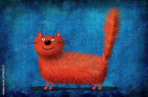 Красный Пушистый кот на синем фоне