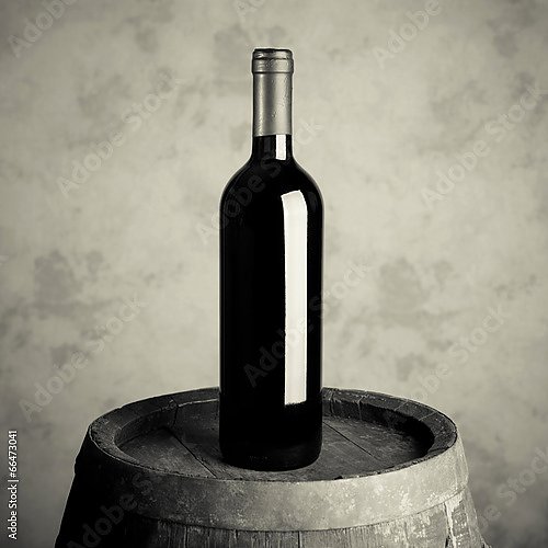Бутылка красного вина на бочке, чёрно-белое фото
