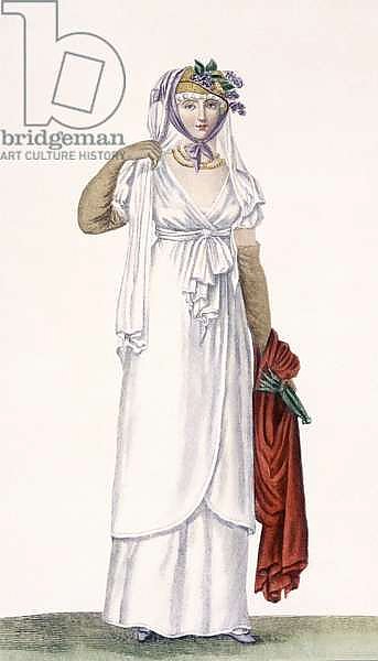 Lady's Soft Style Walking Dress, 1805 88:A lady's soft style walking dress;     99:female; traditional costume; traditional dress; fashion; c19th; white dress; red shawl; veil; hat; yellow gloves;