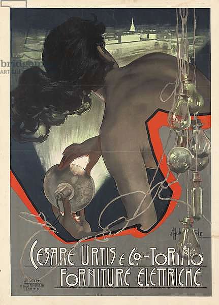 Advertising poster produced for the Italian lighting supply firm Cesare Urtis & Co. of Turin, 1889