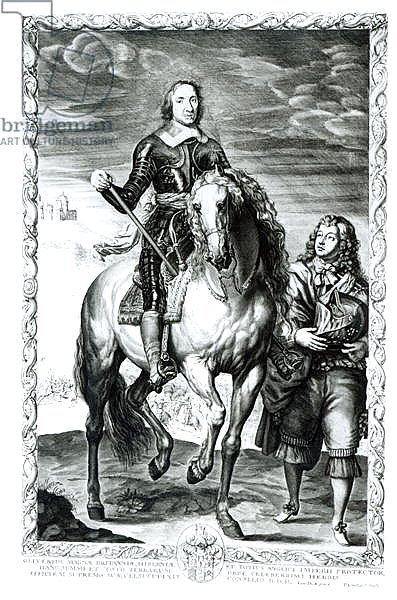 Equestrian portrait of Oliver Cromwell engraved by Pierre Lombart