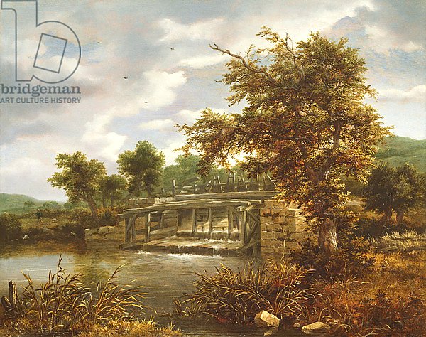 A wooded river landscape with a sluice gate