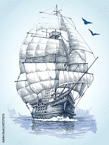 Морской парусник с белыми парусами