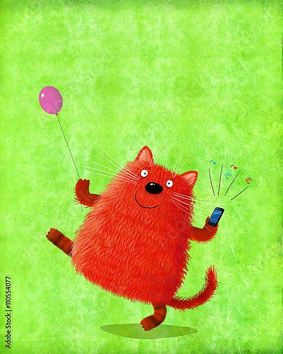 Красный кот с воздушнам шаром и телефоном