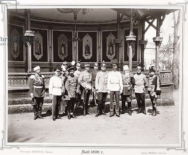 Tsar Nicholas II standing in the garden pavilion of the Palace with a group of his male supporters, c.1896