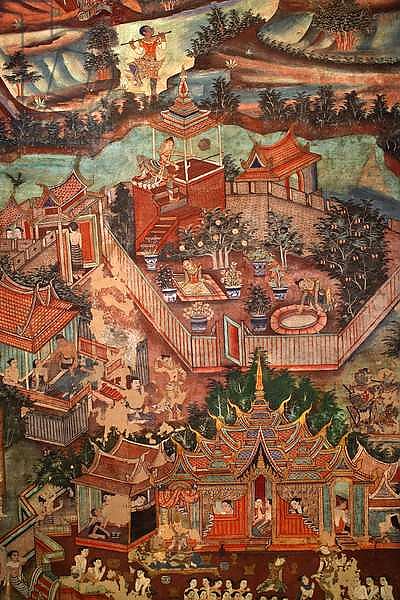 Detail of the murals of Viharn laikam portraying the Sang Thong Tales