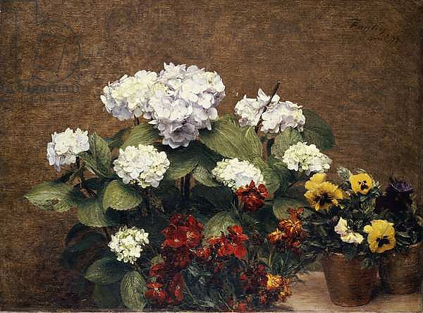 Hortensias and Stocks with Two Pots of Pansies, 1879