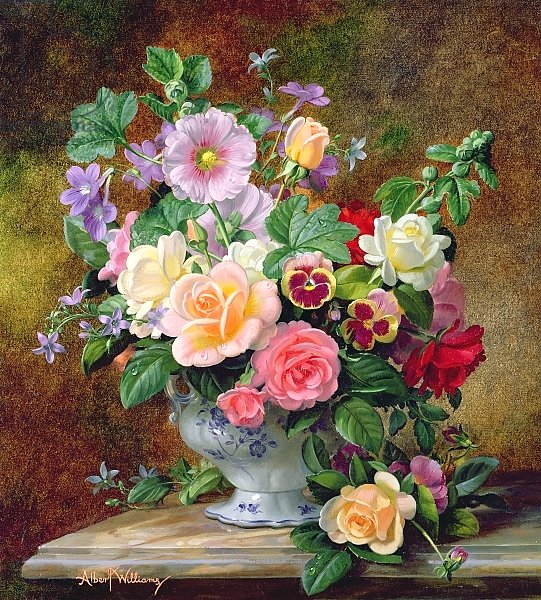 Roses, pansies and other flowers in a vase