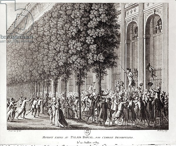 Camille Desmoulins Speaking at the Palais Royal, 12 July 1789, engraved by Pierre Gabriel Berthault