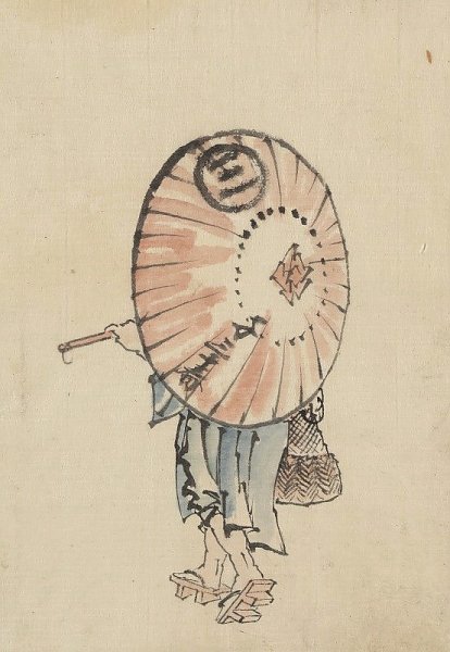 A person walking to the left, mostly obscured by an open parasol carried over the shoulder