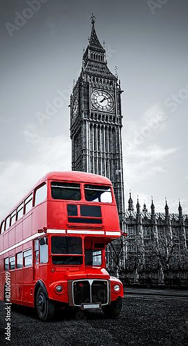Постер Лондон, Англия. Красный автобус и Биг Бен