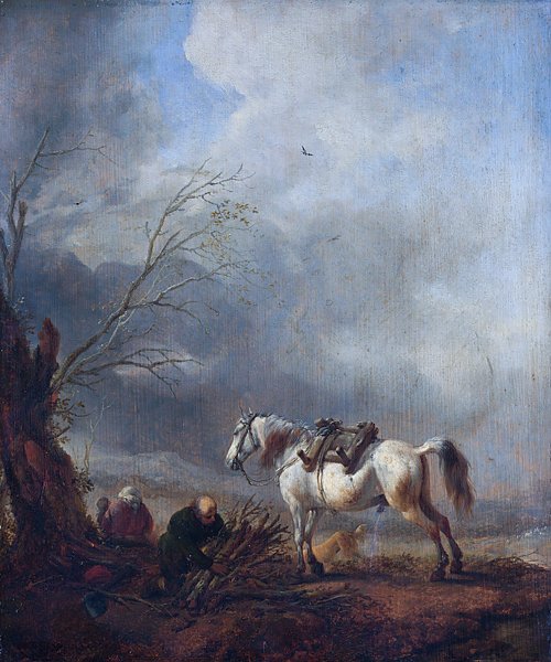 Белая лошадь и престарелый мужчина, связывающий дрова
