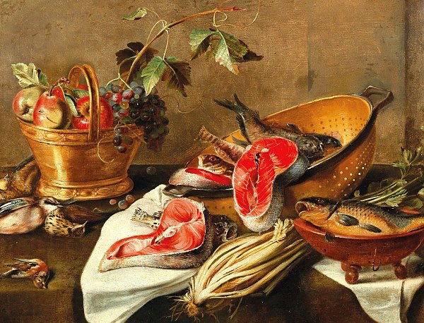 Still life with fruit in a copper vessel, fish and game