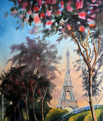 Пейзаж с Эйфелевой башней и цветущими деревьями в Париже