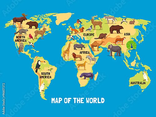 Детская карта мира с животными №3
