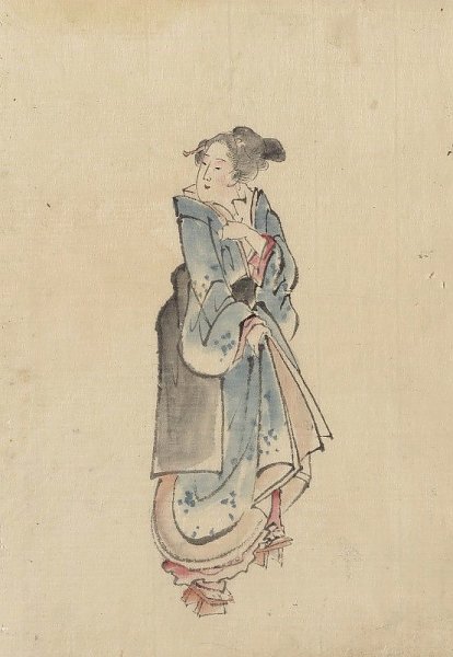 A woman walking to the right, full-length portrait, facing left, wearing kimono and geta
