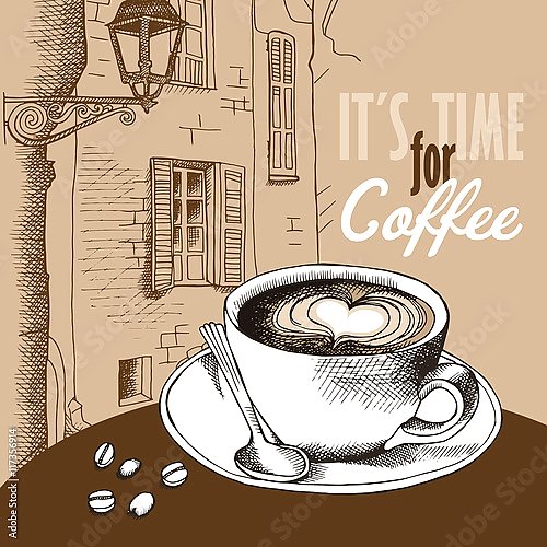 Плакат с изображением чашки кофе на столике европейского кафе