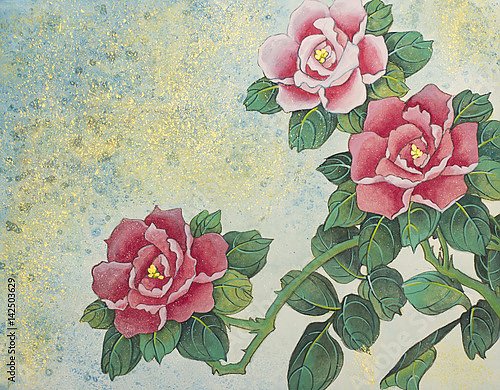 Постер Цветущий куст с тремя красными розами