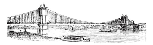 John A. Roebling Suspension Bridge, from Cincinnati, Ohio to Covington, Kentucky, USA vintage engrav