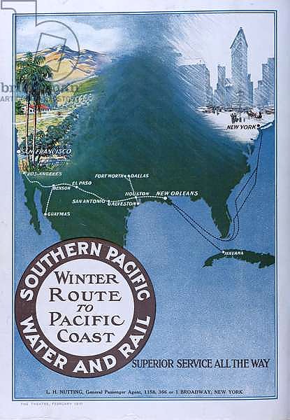 Advertisement for the 'Winter Route to Pacific Coast' of 'Southern Pacific Water and Rail', from 'Theatre' magazine, 1910