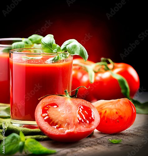 Томатный сок и свежие помидоры с базиликом на деревянном столе