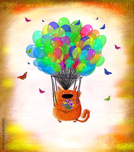 Кошка с цветами на воздушных шарах